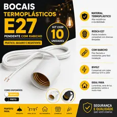 Kit 10 Bocal Pendente Com Rabicho E27 Termoplástico Lampada Luminária Vara de luz