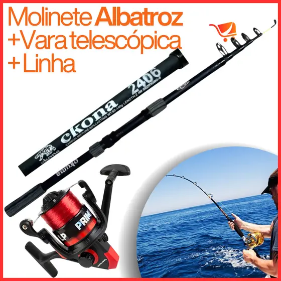 Pesca Esportiva Molinete 20 Albatroz + Vara Telescópica 2,4 + Linha