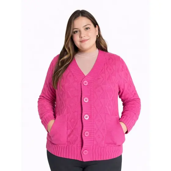 Casaco de Tricô Feminino Plus Size G1 com Botões – Elegante, Quentinho e Confortável