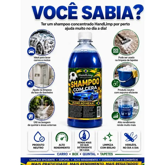 SHAMPOO AUTOMOTIVO CONCENTRADO COM CERA DE CARNAÚBA 1L RENDE 50L ALTO RENDIMENTO