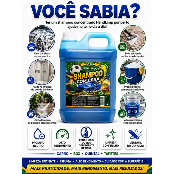 SHAMPOO AUTOMOTIVO COM CERA DE CARNAÚBA 5L CONCENTRADO DILUIÇÃO 1:50 ALTO RENDIMENTO