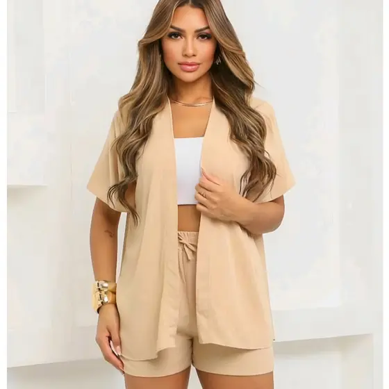Conjunto KIMONO Feminino 2 peças Blusha e Short Confortavel Verão 2026 Level Tecido DUNA e ESTAMPA DUNA