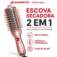 MAIMEITE Escova Secadora 2 em 1 Bivolt 110V-220V 3 Temperaturas Íons Negativos Seca e Modela