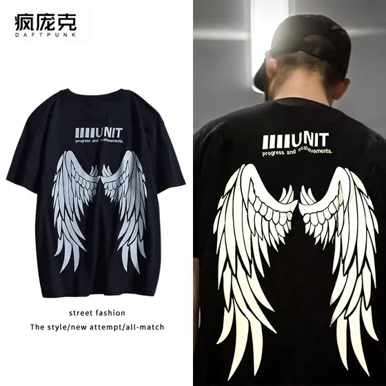 Rua estilo escuro Retro asas reflexivas de manga curta camiseta das mulheres dos homens europa américa Harajuku bf estil