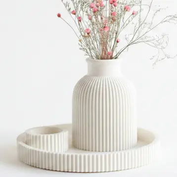 Kit 3 Peças - Vaso - Porta Velas - Bandeja Canelada Decorativo Moderna Sala Banheiro Cozinha Premium