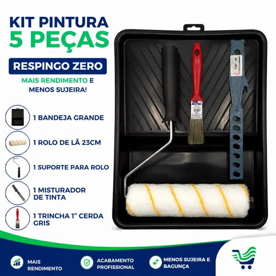 Kit para Pintura com 5 Peças Inclui: Rolo 23cm + Suporte + Bandeja Grande + Suporte  + Pincel + Misturador