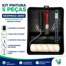 Kit para Pintura com 5 Peças Inclui: Rolo 23cm + Suporte + Bandeja Grande + Suporte  + Pincel + Misturador