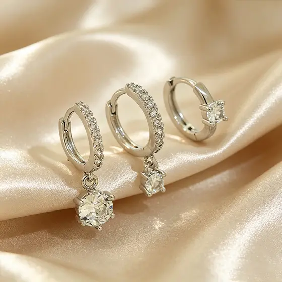 Kit 3 pcs de brincos femininos prata 925, pingentes de flores incrustados com zircônia, banhados a ouro 18K