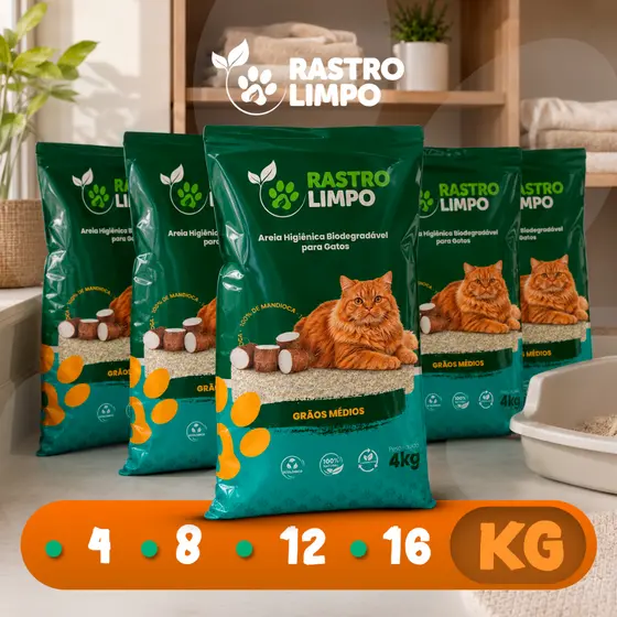 Areia 4 a 16kg Biodegradável Gato Grãos Médios Rastro Limpo Mandioca Torrão Firme Sem Poeira