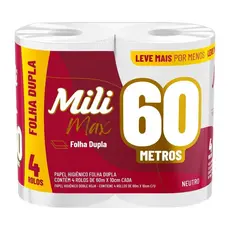 PAPEL HIGIÊNICO FOLHA DUPLA MILI MAX 4 UNIDADES 60M CADA