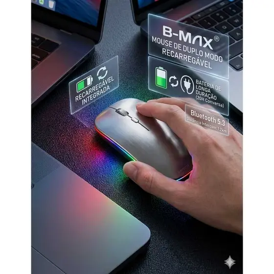 Mouse Sem Fio |B-Max 2.4Ghz e Bluetooth | Recarregável | Note Tablet Celular | Android iOS Win