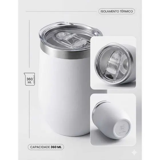 Copo Térmico Ovo Cuia 360ml - Durável, Sem Suor, Tampa Acrílica