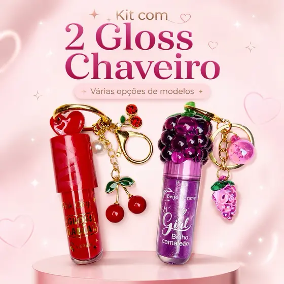 Kit 2 Gloss Labial com Chaveiro Chocolate e Cereja Hidratante Lip Gloss Brilho Labial Presente Fofo