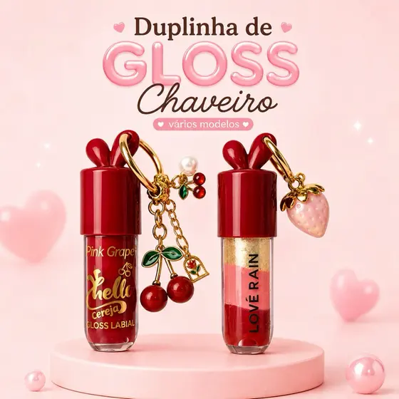 Kit 2 Gloss Labial com Chaveiro | Cereja + Modelos Variados | Gloss Hidratante Fofo