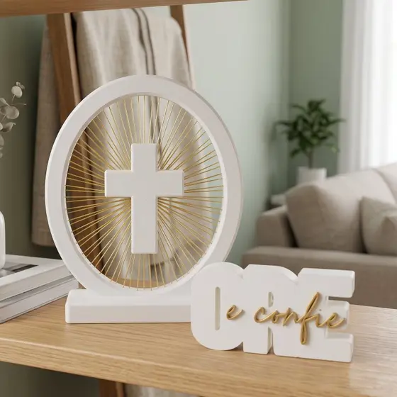 Conjunto Cruz Moderna e Letreiro Ore e Confie Enfeite Decoração De Mesa Sala Quarto Religioso