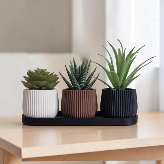 Kit 3 Vasos Decorativos Canelados Com Bandeja Para Suculentas Plantas Decoração De Sala Mesa Escritório