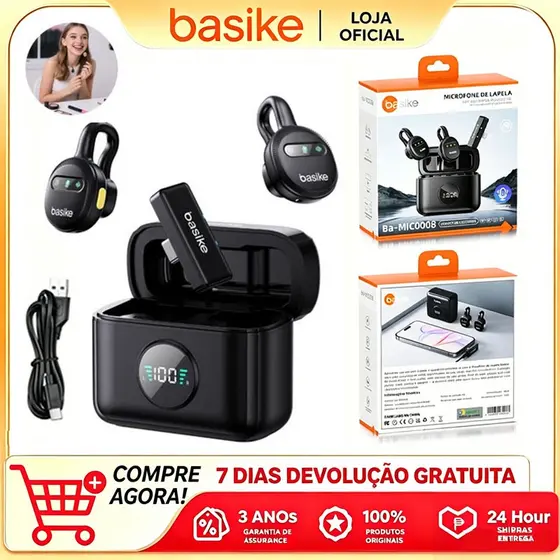 Basike Microfone Lapela Sem Fio Profissional Portátil Imã Redondo Anti Ruído Tipo C for Live Entrevista e Gravação