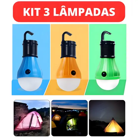Kit 3 Lâmpadas Led Camping Barraca Pesca Lanterna Várias Cores Com Gancho
