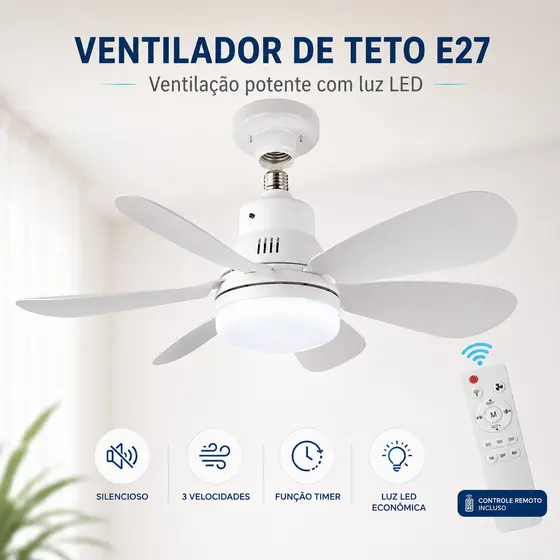 Ventilador De Teto Wind Light Silencioso 3 Velocidades Controle Remoto Lâmpada Led Silenciosa 6 Pás