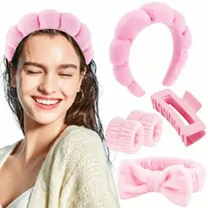 KIT 5 Peças Acessórios de Skincare Spa Feminino - Tiara Nuvem,Pulseira,Elástico,Presilha