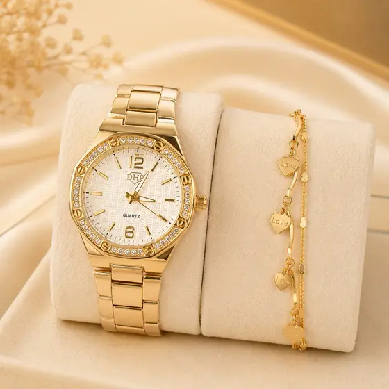 Relógio Feminino Luxo Dourado Cravejado com Pulseira À Prova D’Água