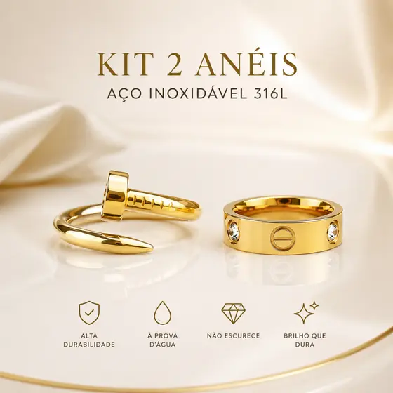 Kit Anel Feminino Prego em Aço Inoxidável e Anel Love Dourado
