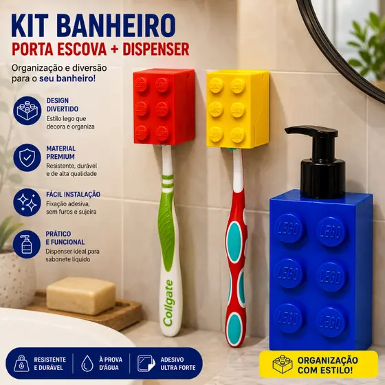 Kit Banheiro Estilo Lego Porta Escova Infantil De Parede Dispenser Sabonete Líquido Organizador Creme Dental