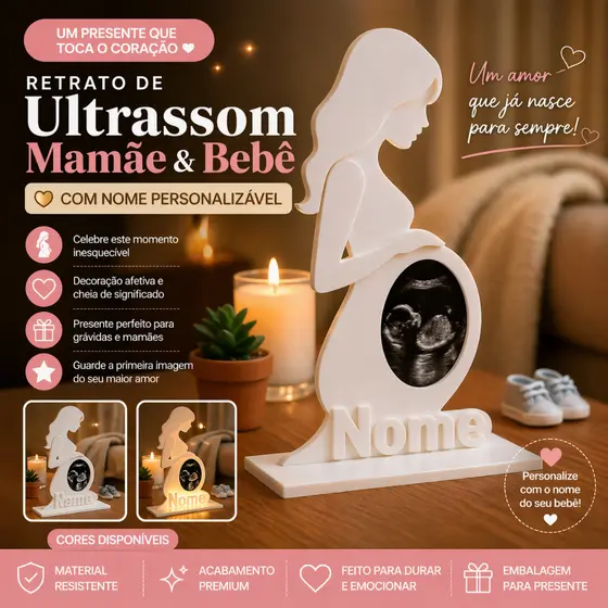 Porta Retrato Ultrassom Mamãe e Bebê Personalizado com Nome | Presente para Gestante Chá Revelação Decoração Quarto Bebê