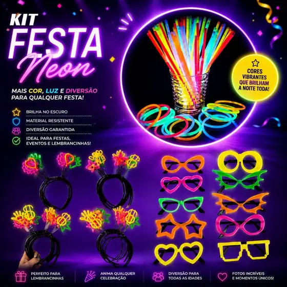 Kit 120 itens Balada Festa Neon Casamento Aniversário
