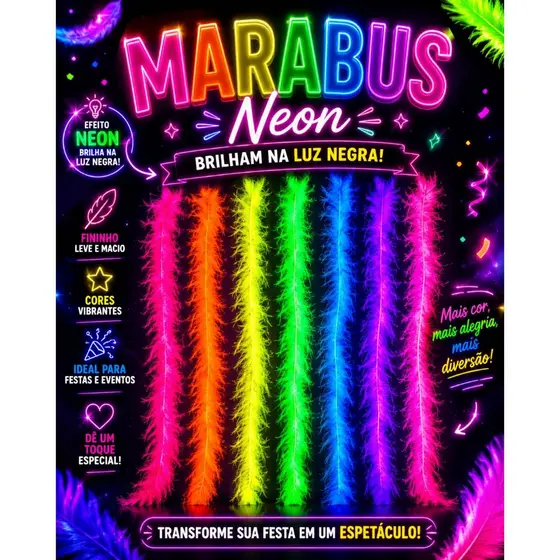 Kit Marabus 10/20/30/40/50un Plumas Festivo Coloridos Festa Balada Neon