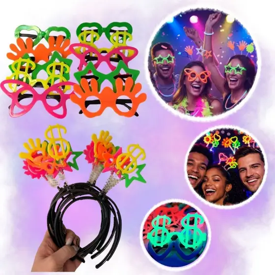 20 Tiaras + 20 Óculos Kit 40pçs Neon Festa Casamento Balada Aniversario Fluorescente