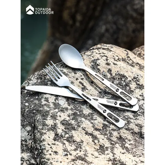 Talheres ao ar livre faca de titânio puro garfo colher multifuncional conjunto de três peças equipamento de piquenique d