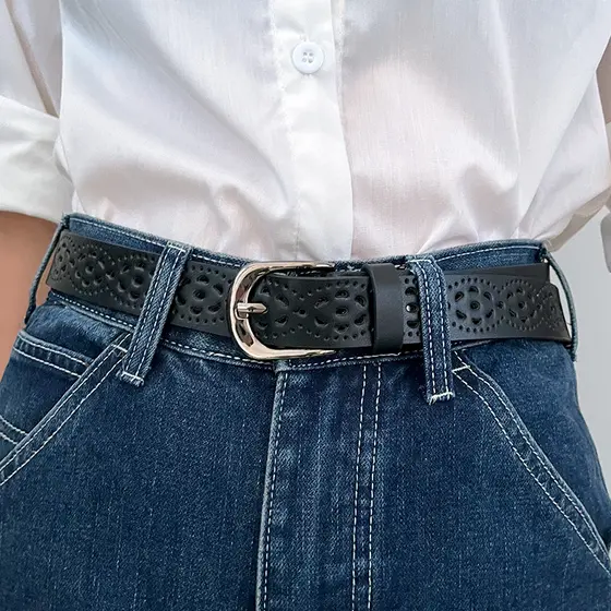 2025 novo estilo preto oco cinto largo senhoras Casual All-Match Design High-End decorativo combinando Jeans cinto