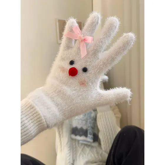 Luvas brancas de boneco de neve para mulheres 2026, novo estilo, inverno, quente, ciclismo, à prova de frio, lã, inverno