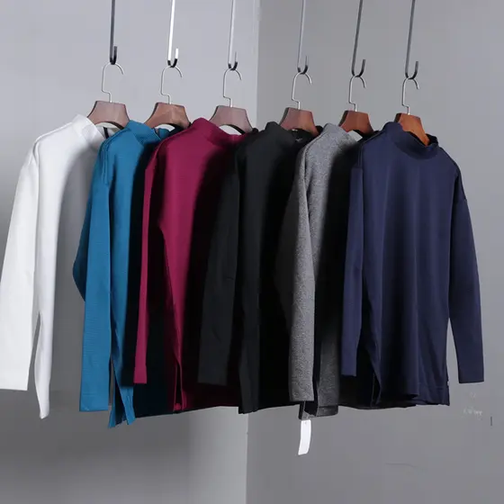 Pulôver de fenda lateral camiseta novo estilo camisa de fundo interno fino ajuste magro meia gola alta camisola preto ci