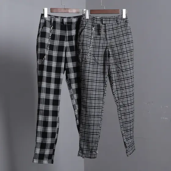 Com corrente traseira cintura elástica xadrez pés pequenos Retro xadrez calças femininas primavera verão novo estilo cal