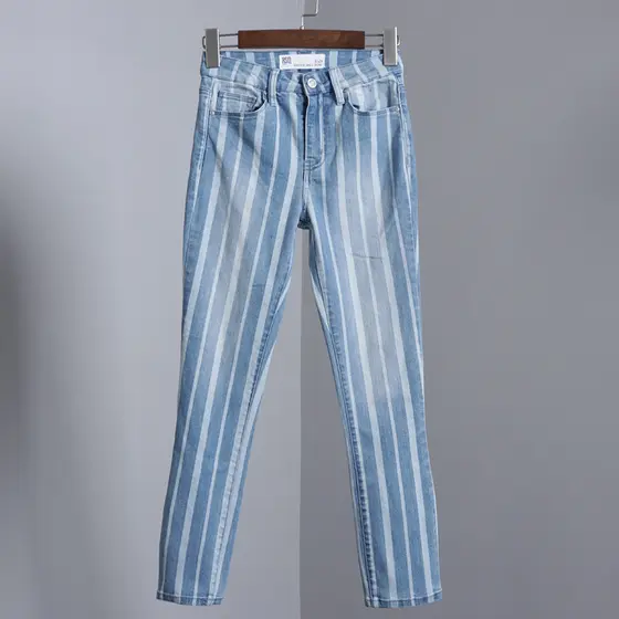 Azul branco listrado Jeans feminino listras verticais primavera outono comércio exterior pedido Original calças magras c