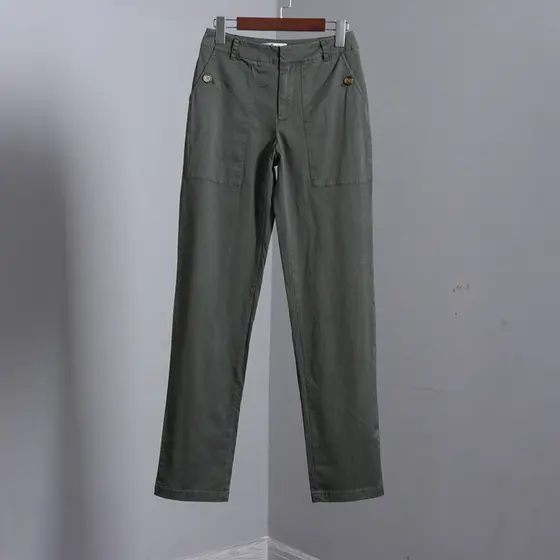 Verde do exército bolso exterior feminino algodão elástico calças de perna reta puro algodão perna larga mais magro olha