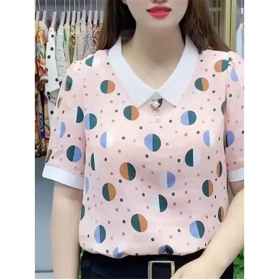 2026 novo estilo nobre fresco verão estilo ocidental High-End bolinhas senhoras verão impresso respirável de manga curta