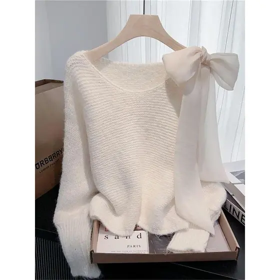 Outono suave estilo coreano 2025 laço-Up Bowknot outono inverno novo estilo malhas camisola solta preguiçoso topo
