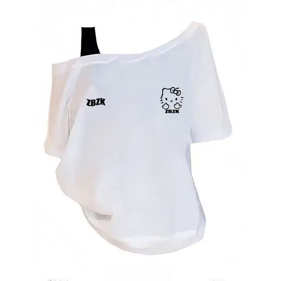 Americano doce menina impresso ombro inclinado manga curta camiseta feminina 2025 verão Design All-Match solto mais magr
