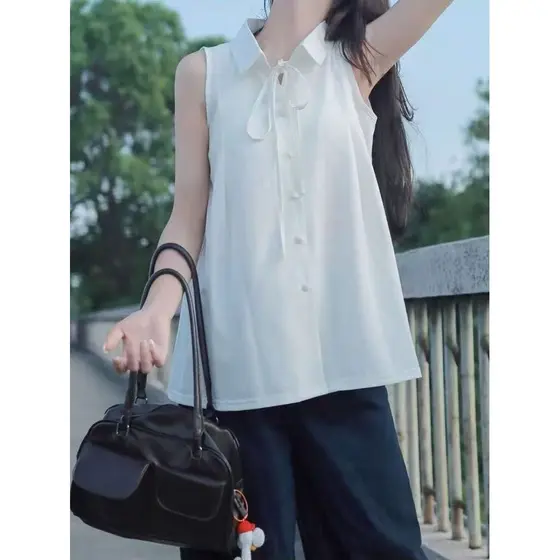 Camisa francesa sem mangas com cadarço, Design de verão, nicho, camisa solta, camisa de bebê, Top elegante, na moda