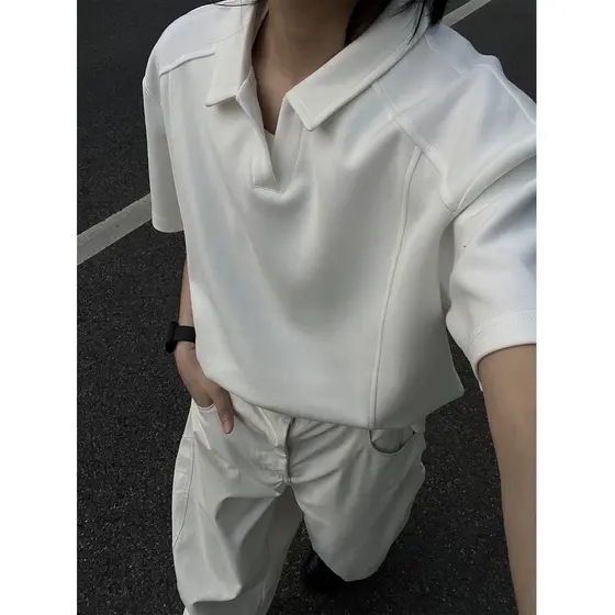 Camisa polo pesada americana de manga curta masculina verão lapela boxy frente ombro camiseta na moda rufião bonito pont