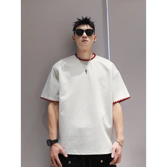 American Street Wear pesado 220g bordado puro algodão de manga curta camiseta masculina 2025 verão nova simples solta ca