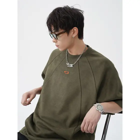 Americano Retro camurça bordado de manga curta das mulheres dos homens primavera Street Wear pesado solto oversize Casua