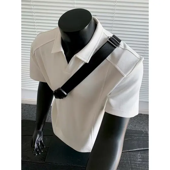 Americano boxy frente ombro camisa polo de manga curta masculina verão desconstrução costura camiseta bonito High-End co