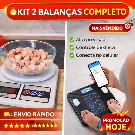 Kit 2 Balanças Digitais Corporal Bioimpedância + Cozinha Alta Precisão Fitness