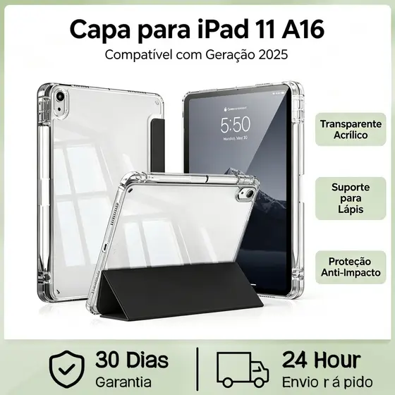 Kit Capa Transparente para iPad 11 A16 (11") com Suporte para Caneta e Película Vidro