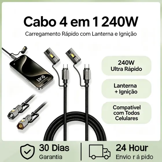 Cabo USB-C para USB-C 240W 4 em 1 com Lanterna e Acendedor Elétrico Sem Chama Trançado Resistente 1,2m