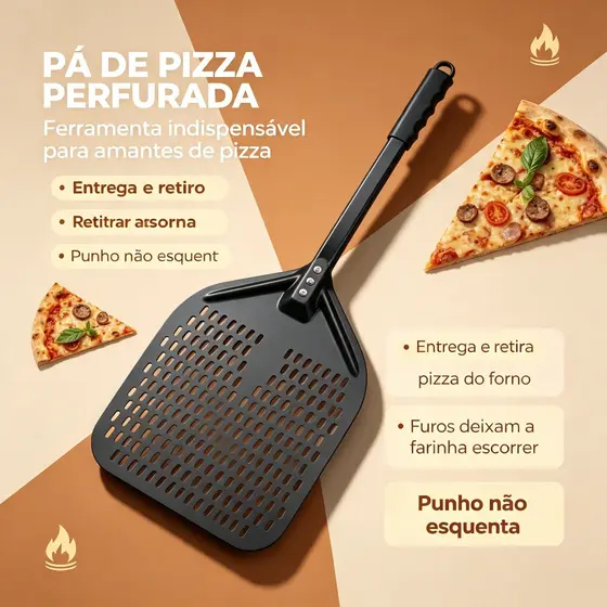 Pá de Pizza Perfurada Alumínio Antiaderente, Punho Térmico Não Esquenta, Ferramenta para Colocar e Retirar Pizza